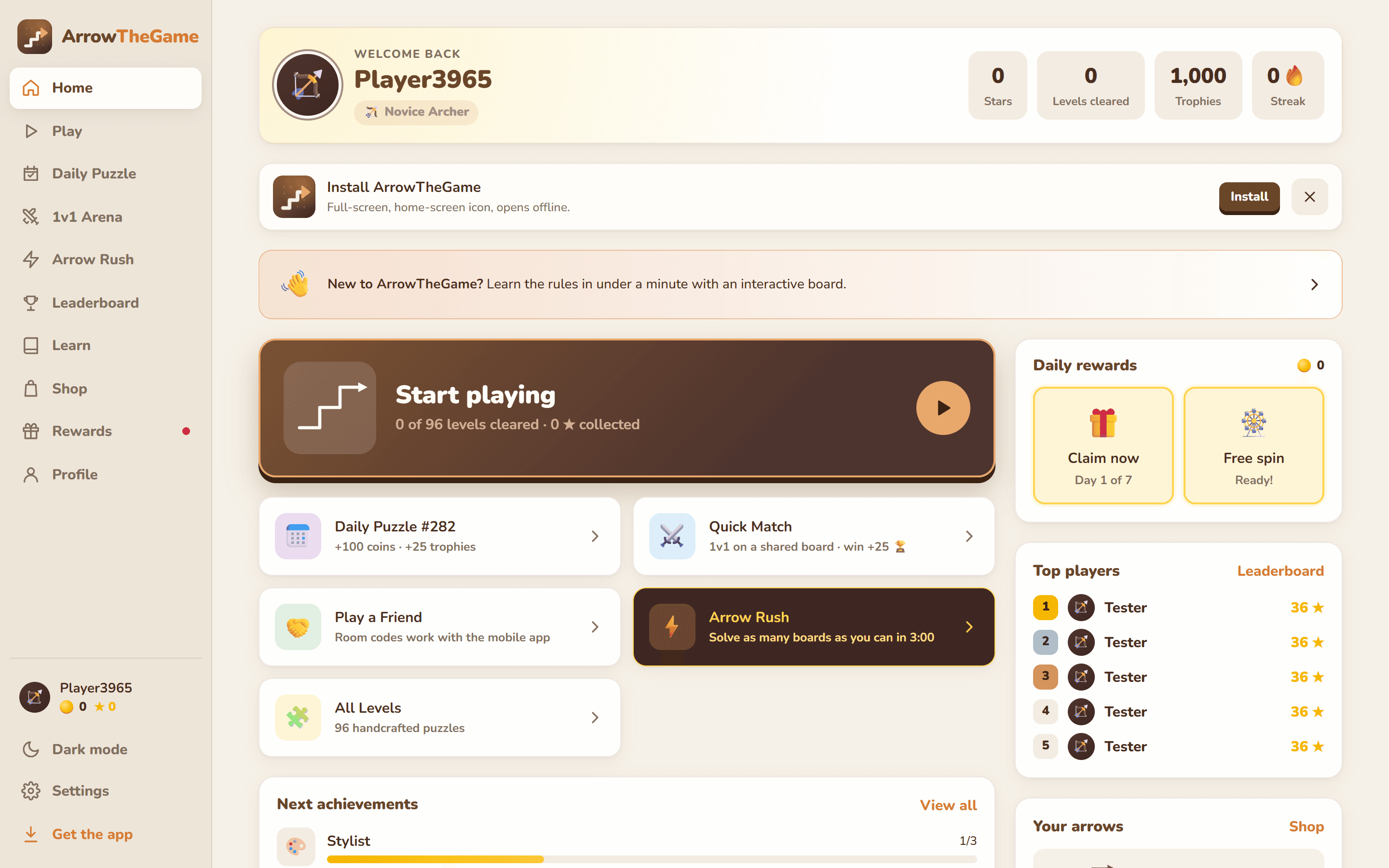 ArrowTheGame home dashboard on desktop